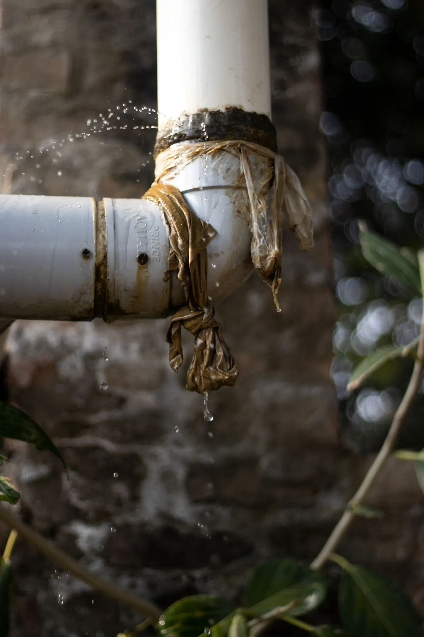 Leaking pipe joint wrapped in cloth as a temporary fix, still dripping