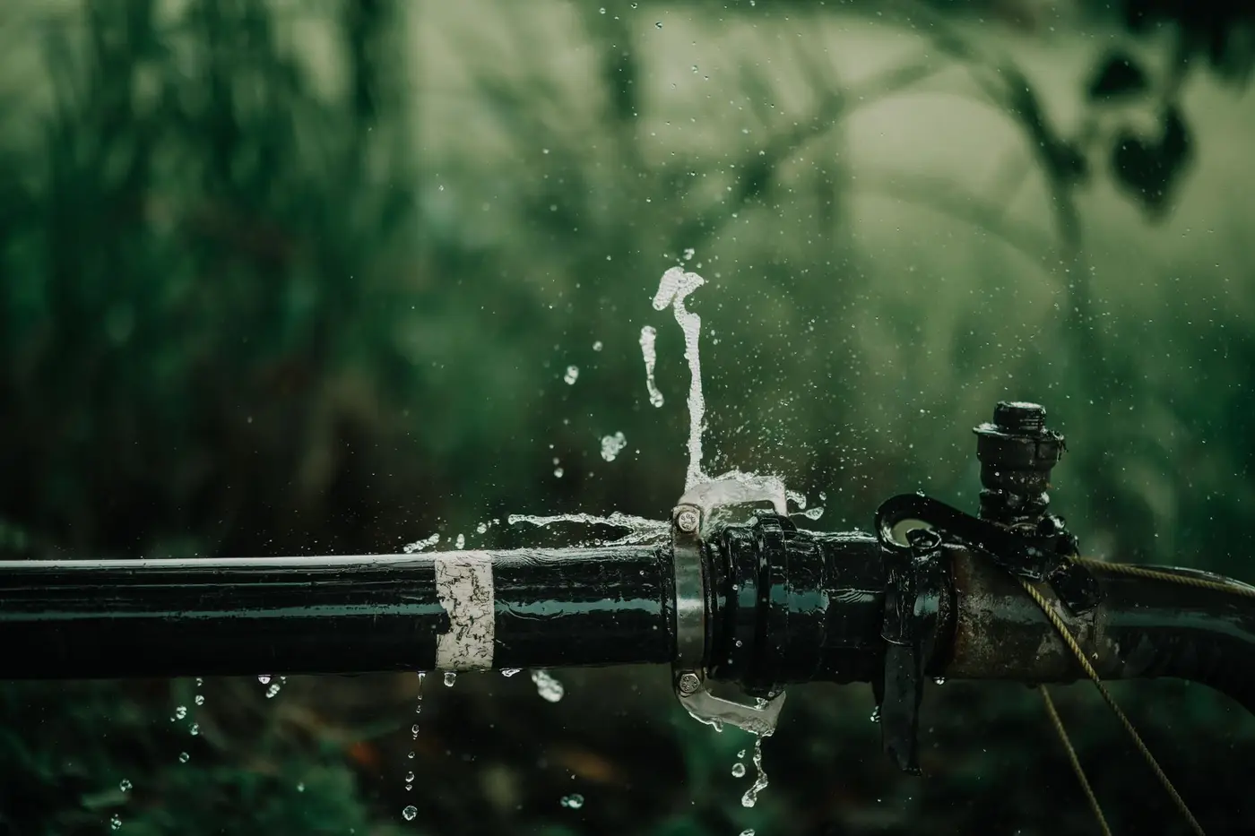 Water spraying from a failed joint on a black supply pipe outdoors